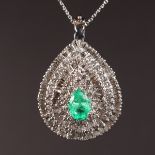 A LARGE 14CT WHITE GOLD AND EMERALD PEAR SHAPED CLUSTER PENDANT of OVER 4CTS.