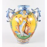 A LARGE URBINO TWO HANDLED VASE painted with a saint on a yellow ground, MT DAT DADRMACH VE CCH with