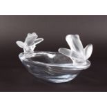 A HEAVY PLAIN GLASS OVAL BOWL with frosted frog handles. 12ins long.