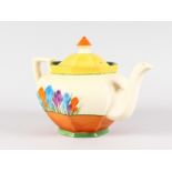 A CLARICE CLIFF CROCUS PATTERN BIZARRE OCTAGONAL TEAPOT AND COVER.