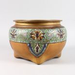 A CHINESE BRONZE AND CLOISONNE ENAMEL CIRCULAR CENSER. 10ins diameter.