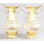 A SUPERB PAIR OF 19TH CENTURY MEISSEN TWO HANDLED VASES with pale yellow ground, edged in gilt and