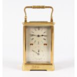 A VERY GOOD FRENCH CARRIAGE CLOCK by BRUVELOT, with day, date, year and month dials, silvered