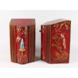 A GOOD PAIR OF REGENCY STYLE RED SERPENTINE FRONTED KNIFE BOXES, painted with birds, urns and