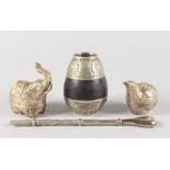 THREE PIECES OF SOUTH AMERICAN SILVER, elephant box, bird box and mate pot & straw.