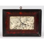 A SUPERB 17TH CENTURY IVORY PLAQUE etched with "The Flight into Egypt". 6cms x 11.5cms.