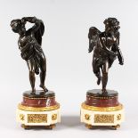 A SUPERB PAIR OF LOUIS XVI BRONZE ORMOLU AND MARBLE FIGURES OF A CUPID AND YOUNG GIRL, on circular