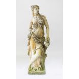 A GOOD LARGE COMPOSITION STANDING CLASSICAL FEMALE FIGURE beside a tree stump. 3ft 11ins high.