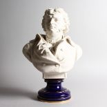 A SEVRES WHITE PORCELAIN BUST OF A STATESMAN, on a blue and gilt pedestal. 16ins high. Printed