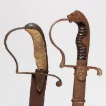 A CAVALRY OFFICERS SWORD, plain curved blade, stirrup hilt with traces of gilding, longuets with