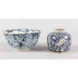 A SMALL MING BLUE AND WHITE BOWL, 6ins diameter, and A SMALL MING VASE, 3.5ins high (2).
