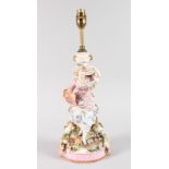 A 19TH CENTURY FRENCH PORCELAIN LAMP, a young girl with a pitcher beside a column. 30cms high.