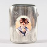 A GEORGE V ENGINE TURNED CIGARETTE CASE, Birmingham 1928, with an oval of a cat.