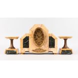 A GOOD ART DECO THREE PIECE MARBLE CLOCK SET with oval dial and eight-day movement, 12ins long,