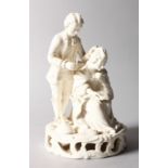 A 19TH CENTURY DERBY WHITE GLAZE FIGURE of the hairdresser and a woman seated on a chair beside