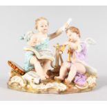 A SUPERB MEISSEN GROUP, TWO YOUNG CUPIDS playing musical instruments, pipes, lyre and drums. Cross