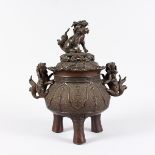 A JAPANESE BRONZE TWO HANDLED DOG OF FOE CENSER AND COVER. 1ft 3ins high.