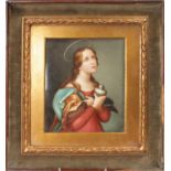 A SUPERB CONTINENTAL PORCELAIN GILT FRAMED PLAQUE OF A SAINT with gilt halo's. Impressed mark.