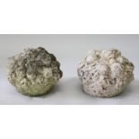 A PAIR OF COMPOSITION STONE BASKETS OF FRUIT. 14ins diameter.