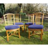 A SET OF FOUR BAMBOO CONSERVATORY CHAIRS, blue upholstery (4).