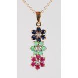A 9CT GOLD, SAPPHIRE, RUBY, EMERALD AND DIAMOND NECKLACE.