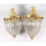 A GOOD MATCHED PAIR OF CRYSTAL PINEAPPLE SHAPED BRASS MOUNTED HANGING LAMPS. 2ft 1ins and 2ft 3ins.