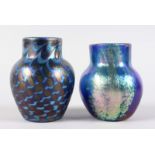 TWO SMALL LOETZ BLUE IRIDESCENT VASES. 4.25ins high.