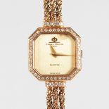 A LADIES 18CT YELLOW GOLD BAUME & MERCIER QUARTZ WRISTWATCH AND CHAIN, set with diamonds, in