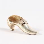 A SHOE PIN CUSHION. Birmingham 1897. Maker: A. & L. LTD. 6.5ins long.