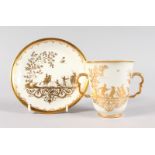 A RARE MEISSEN BEAKER AND SAUCER, CIRCA. 1725, decorated at AUGSBURG, in gold with hunting scenes.