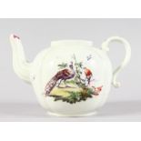 AN 18TH CENTURY DERBY RARE QUATRE LOBED TEAPOT, painted with a peacock and another bird, label for
