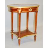 A FRENCH DESIGN MAHOGANY, MARBLE AND ORMOLU OVAL TABLE, 20TH CENTURY, with turned and fluted legs