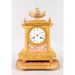 A GOOD LOUIS XVI GILT ORMOLU CLOCK with porcelain panels, urn surmount and pineapple finial, eight-