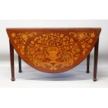 AN 18TH CENTURY DUTCH MAHOGANY AND MARQUETRY DROP LEAF DINING TABLE, the oval top profusely inlaid