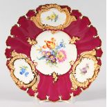 A GOOD MEISSEN DISH with pink ground, white panels of flowers edged in gilt. Cross swords mark in