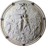 A LARGE ROMANESQUE CIRCULAR PLAQUE, carved with Roman soldiers and other figures. 2ft 3ins