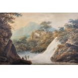 Nicholas Pocock (1740-1821) British. A Mountainous River Landscape, with Figures in the