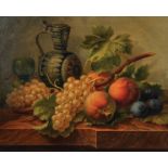 Leon Lahogue (19th Century) European. Still Life of Fruit, Jug and Wine Glass on a Ledge, Oil on