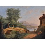 19th Century Italian School. A River Landscape with a Stone Bridge, and Figure in the distance,