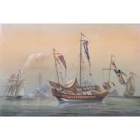 19th Century Anglo Chinese School. Chinese and American Ships off an Island, Watercolour and Pencil,