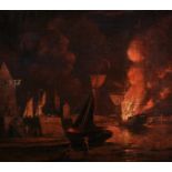 William Marlow (1740-1813) British. 'A Ship Ablaze at Night in a Town Harbour', Oil on Canvas,