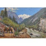 20th Century Russian School. A Mountainous River Landscape, with Soldiers on Horseback, Oil on