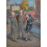 Thomas Rathmell (1912-1990) British. "A Jest in the Street", Mixed Media, Signed, 14.75" x 11".