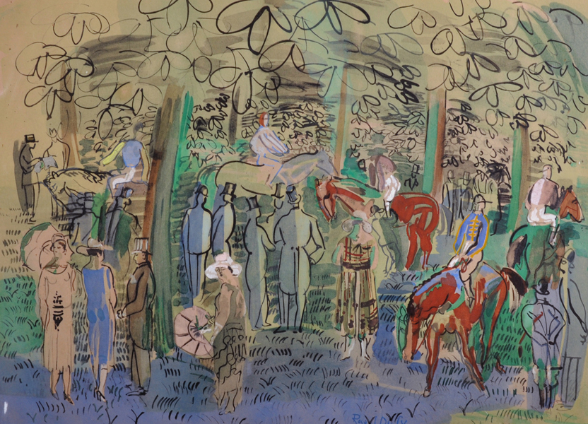 After Raoul Dufy (1877-1953) French. Figures and Horses in a Paddock, Print, Unframed, 13.75" x 18.