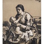 William Strang (1859-1921) British. 'Mother and Child', Woodcut, Inscribed, Unframed, 10" x 8.75".