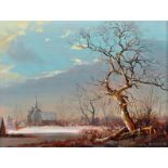 Peter Newcombe (1943- ) British. "Winter Afternoon", with a Church in the distance, Oil on Panel,