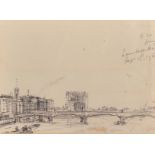 Arthur Edward Davies (1893-1989) British. "Lambeth Bridge", Pen and Ink, Inscribed and Dated 1962,