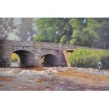 Eric Meade-King (1911-1987) British. Trout Fishing by a Stone Bridge, Watercolour, Signed, 14.75"