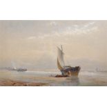 Henry George Hine (1811-1895) British. A Shore Scene with Beached Boats, with a Pier in the