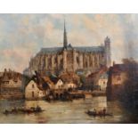 19th Century Continental School. A River Scene with Figures in Boats, a Town with a Hilltop Church